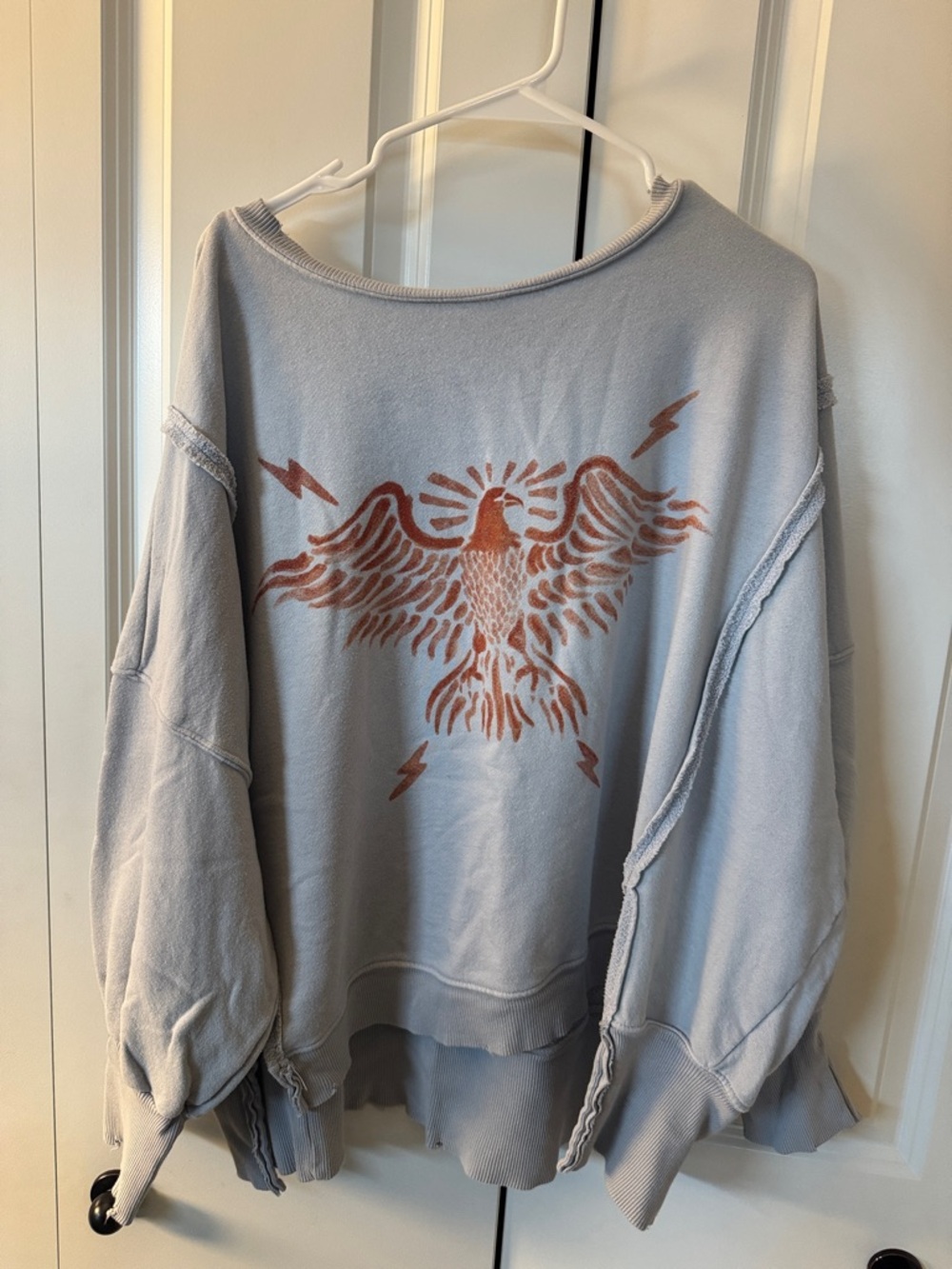 Free People Camden Light Gray Eagle Graphic Sweatshirt with Rust Print